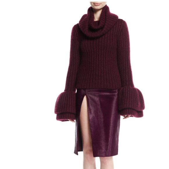 🥀 Brandon Maxwell Plum Cashmere Mohair Silk Wide Ribbed Bell Cuff Sweater sz XS - Picture 1 of 11